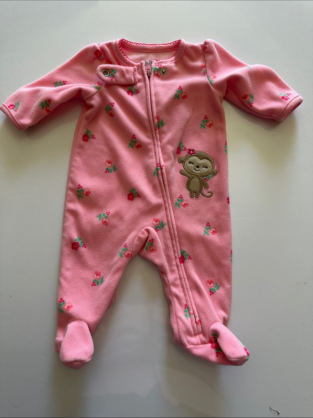 child of mine Pink Footed Fleece One-Piece with Monkey Applique